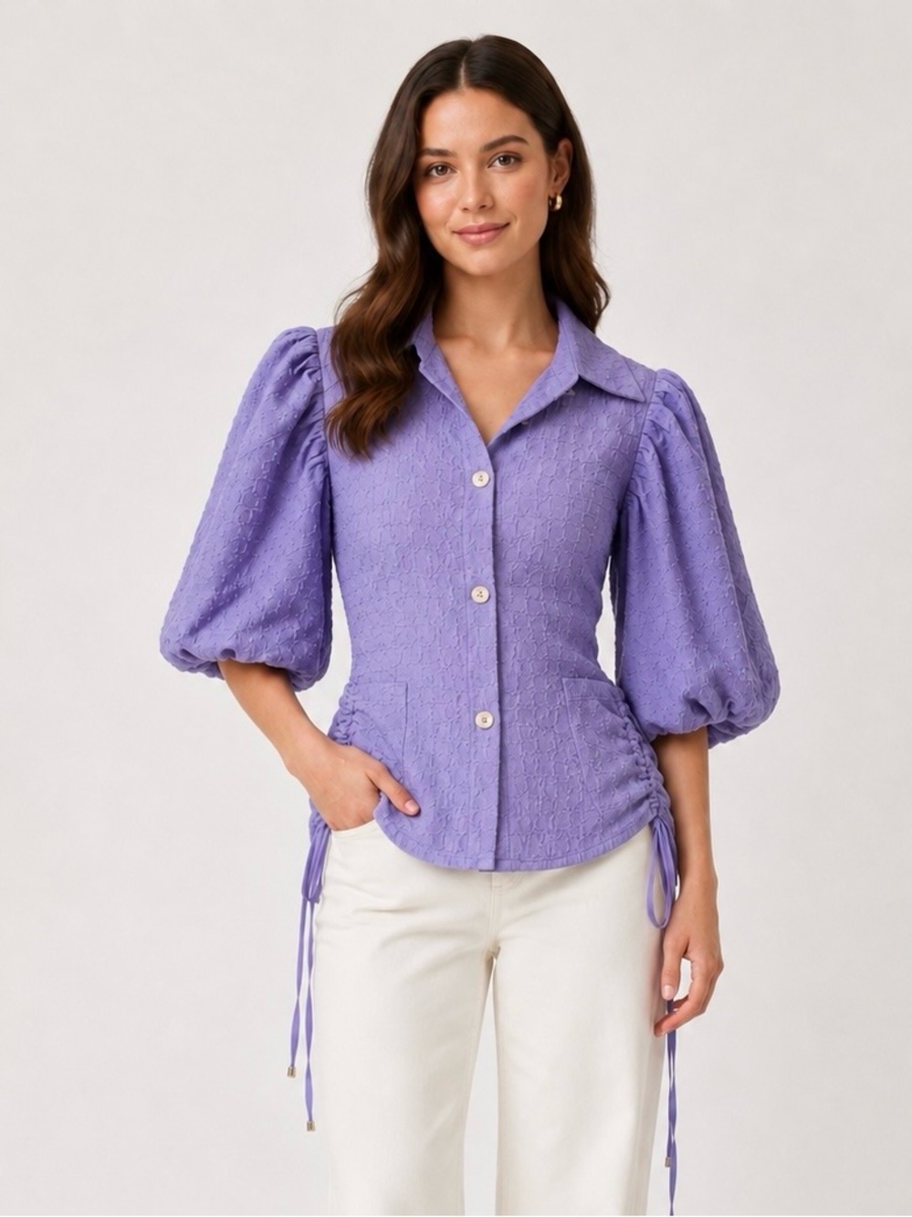 Lavender Puff-Sleeve Button-Front Blouse with Side Drawstrings